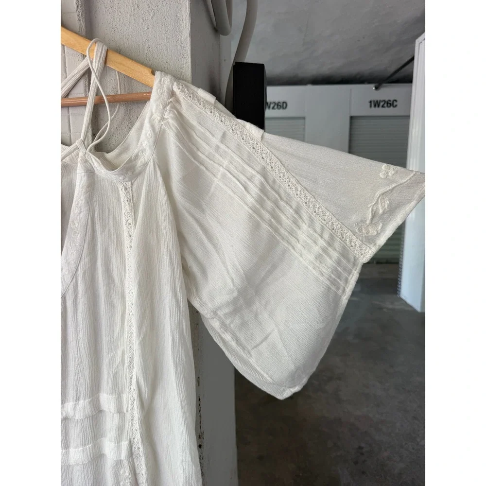 Free People Oversized Peasant Top XS Ivory Strappy Embroidered Boho Bell Sleeve